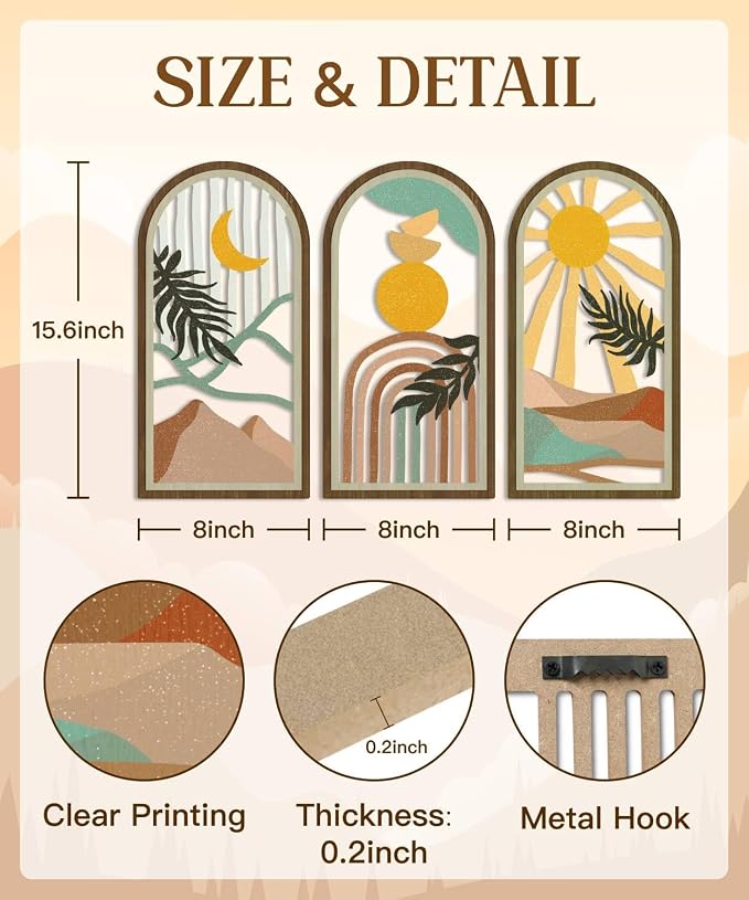 Putuo Decor Boho Wall Art Set of 3, Modern Minimalist Wooden Wall Decor, Nature-Inspired Abstract Aesthetic Room Decorations, Mid-Century Artwork for Living Room, Bedroom, Office (White, 16×8 in