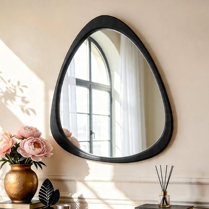 24" x 19" Asymmetrical Wall Mirror with Black Wood Frame, Irregular Wall Mirror for Bedroom Entryway Living Room, HD Tempered Glass, Horizontal or Vertical Hanging