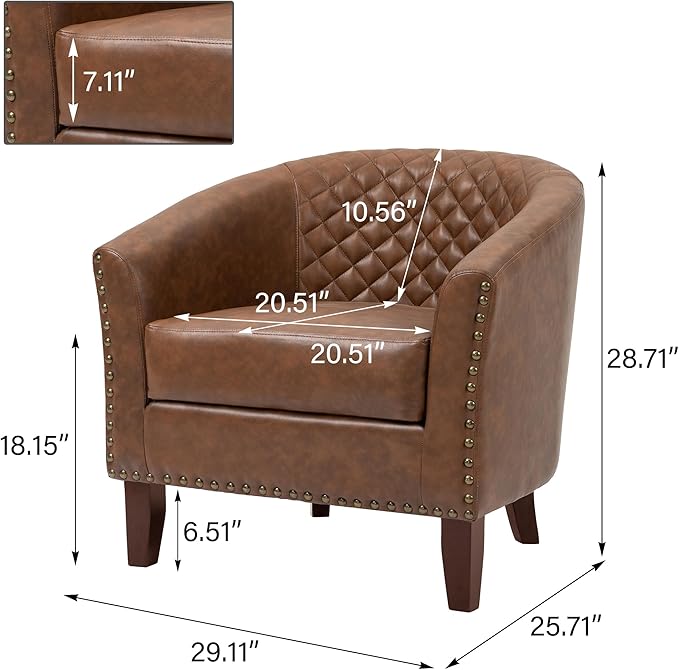 UIXE PU Leather Barrel Accent Chairs Set of 4, Modern Upholstered Armchair Round Club Chair for Living Room, Comfy Nailed Trim Arm Chair Bedroom Side Reading Seat - Brown