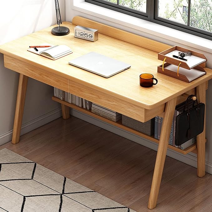 Writing Desk, Home Office Workstation Computer Desk Mid-Century Modern Walnut Desk with 2 Drawers and Storage Shelves(39 Inch, Oak)