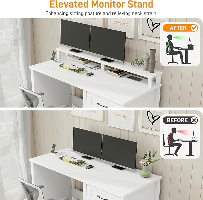 Vabches 47" Farmhouse Executive Desk with Monitor Stand and LED Lights,4 Drawers Computer Desk with Power Outlets,Large Workspace for Work Study Writing.(White)