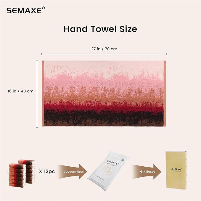 SEMAXE 12 Pack Hand Towels for Bathroom, 100% Cotton Towels with Hanging Loops, Soft & Highly Absorbent, Hand Towel Set for Gym, Shower, Hotel, Spa and Kitchen, Colorful Towel - Sunset Collection