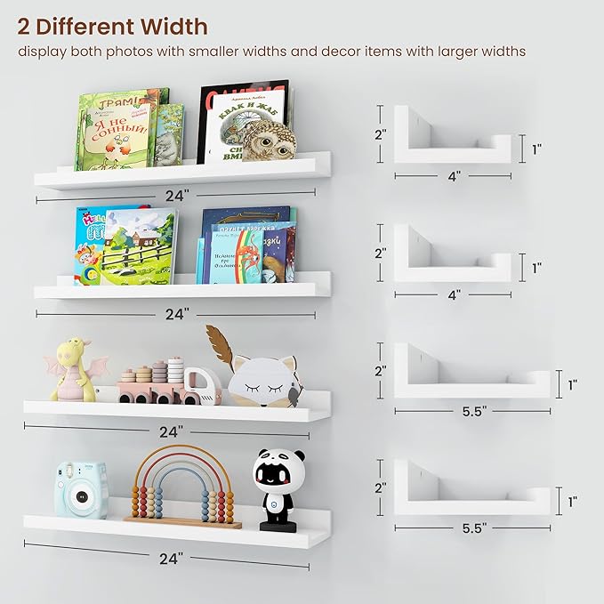 Axeman Picture Ledge Shelf | 24 Inch White Floating Shelves Set of 4 | Rustic Wood Wall Shelves with Lip | 24" White Picture Shelves for Wall with Ledge | Photo Shelves