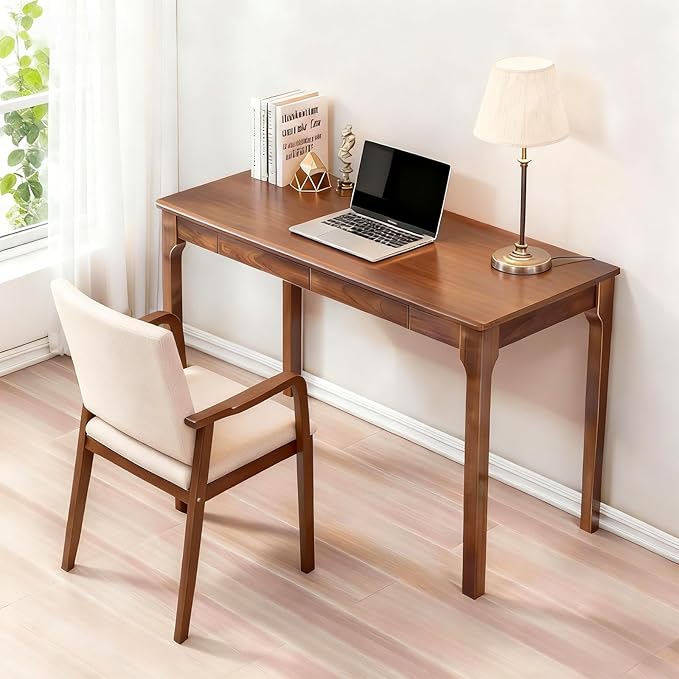 Solid Wood Desk with Drawers, 47" Small Computer Desk for Small Spaces, Standing Desk with Smooth Edges, Mid Century Modern Home Office Desk for Study, Bedroom, Living Room, Office (Walnut, 47")