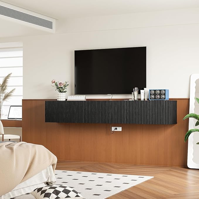 Floating TV Stand with 3 Doors,63IN Wall Mounted TV Cabinet,Slatted Floating Media Console Entertainment Center with Storage,Under TV Shelf for Bedroom Living Room,Black