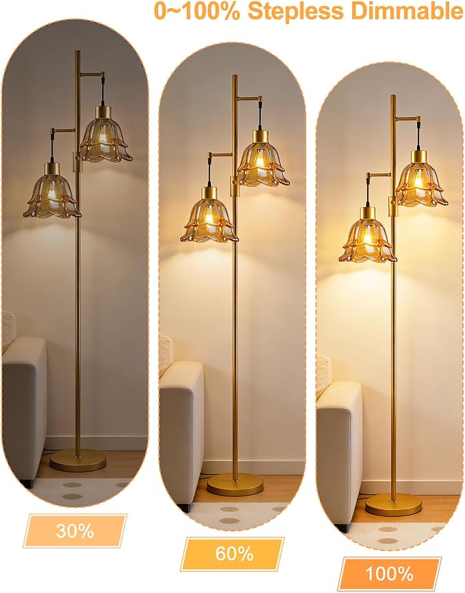 2-Light Modern Glass Floor Lamp, Gold Tall Standing Lamp with Amber Tulip Glass Shade for Reading, Dimmable LED Floor Lamp with Rotary Switch for Living Room Bedroom Home Decor, Bulb Included