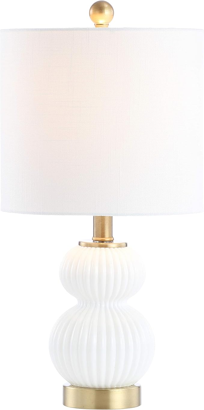 JONATHAN Y 20" White/Brass Gold Ribbed Gourd Glass Table Lamp, Modern Bedside Lamp for Bedroom Living Room, White Linen Drum Shade, LED Bulb Included JYL1099A