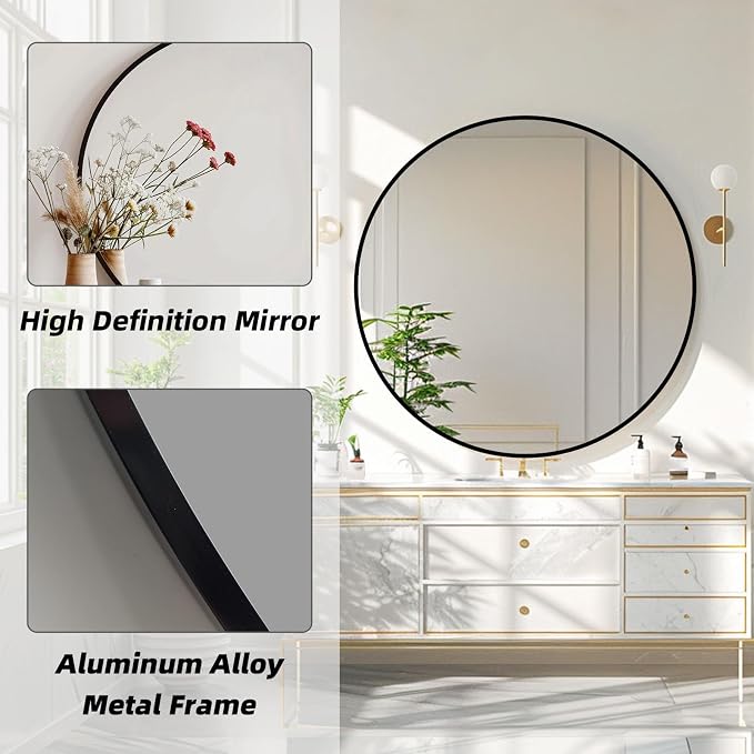Round Black Mirror, 24 Inch Circle Black Mirror, Metal Frame Round Wall Mounted Mirrors for Bathroom, Living Room, Bedroom, Entryway, Vanity