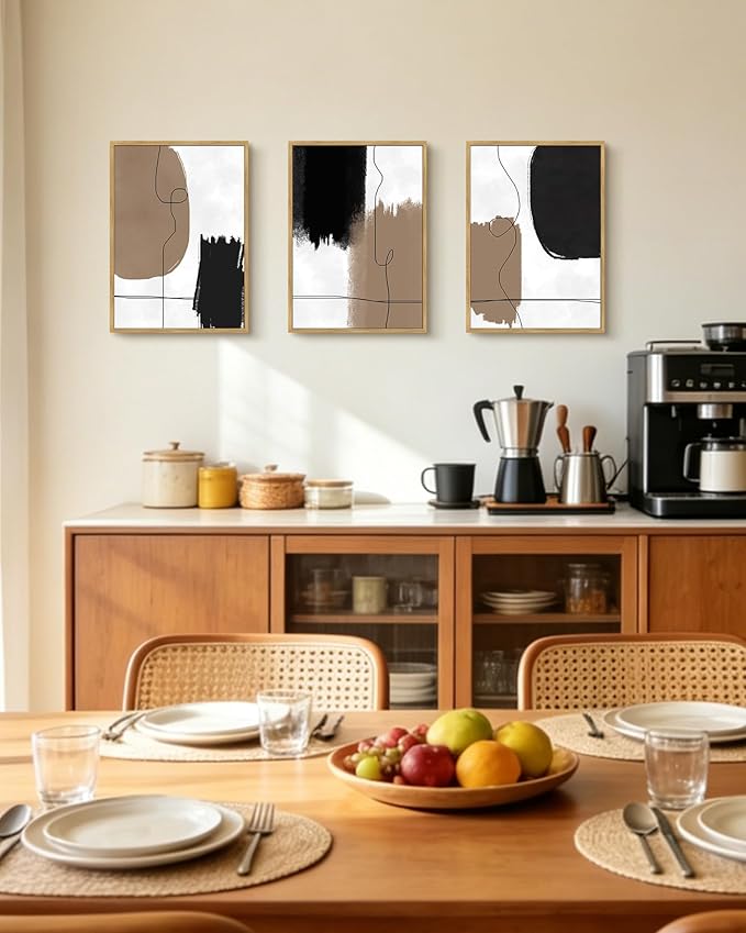 KUVIOKE Neutral Abstract Framed Wall Art Beige Mid Century Textured Wall Decor Minimalist Line Modern Illustrations Art Print Home Decor 12x16in (Natural Framed)
