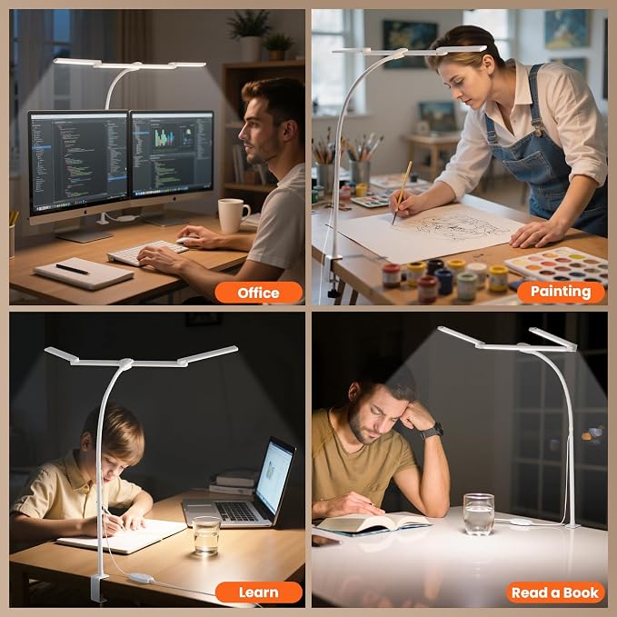 LED Desk Lamp for Office Home, Adjustable 3 Head Computer Monitor Light with Clamp, Eye Caring Clip on Desk Light Stepless Dimming, Auto-off Timer Architect Desk Lamp for Reading Study Workbench White