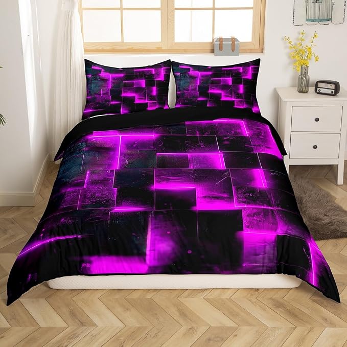 Erosebridal 3D Geometric Bedding Sets King Abstract Aesthetic Comforter Cover, Black and Purple Bed Set Glowing Futuristic Cubes King Duvet Cover, Neon Grid Quilt Cover 3-Piece (Black Reversible)