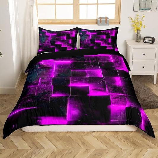 Black Purple Abstract Comforter Cover Gradient Square Bed Set, Grid Twin Duvet Cover Neon Checkered Bedding Set Twin Glowing Plaid Bedspread Cover 3D Modern Room Decor 2pcs (Black Reversible)