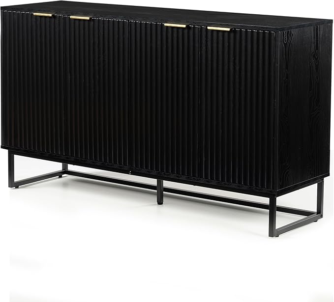 Fluted Storage Cabinet with 4 Doors, 55" Large Sideboard Buffet Cabinet with Adjustable Shelves Kitchen Wooden Credenza Coffee Bar Console Table for Dining Room Living Room, Black