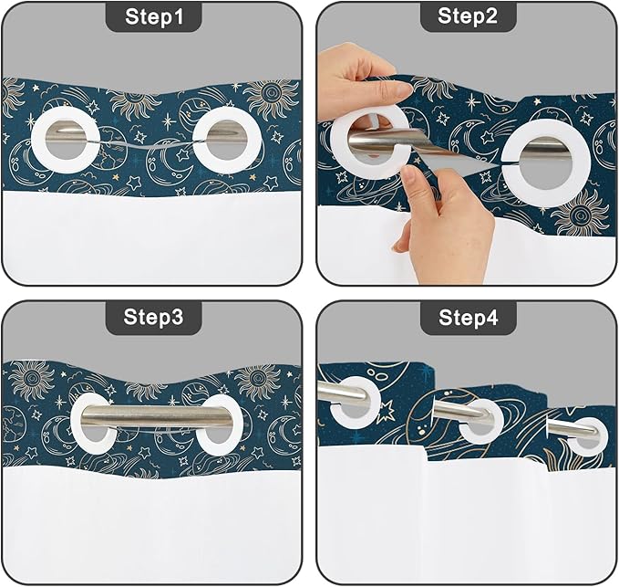 Navy Blue No Hook Shower Curtain with Snap in Liner Set - Galaxy Universe with Sun, Moon and Stars, Waterproof Fabric Double Layers for Kids Bathroom, See Through Top Window, 71x74 Inch