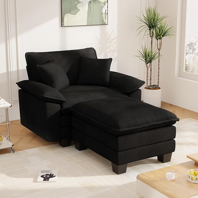 Chaise Lounge Chair Indoor, Oversized Accent Chairs with Ottoman, Luxury Corduroy Upholstered Deep Seat Sleeper Sofa Reading Chairs and A Half with Pillows for Living Room, Bedroom, Apartment, Black