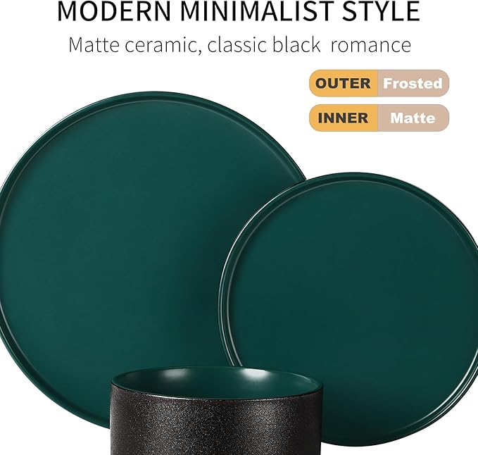 GZG Classic Series - Plates and Bowls Set for 6, 18 Piece Stoneware Dinnerware Sets, Microwave and Dishwasher Safe Lead-Free Handcrafted Ceramic Dishes Set - Malachite Green