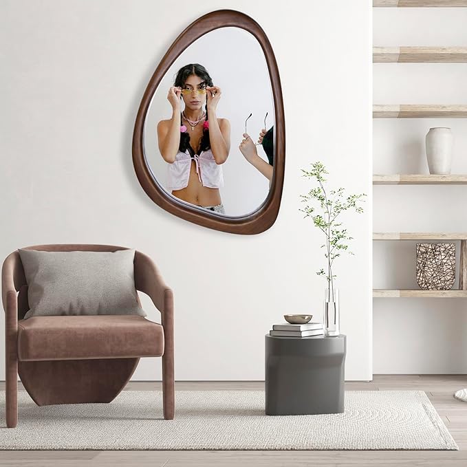 Irregular Wall Mirror, 20 x 30in Wooden Frame Asymmetrical Mirror, Large Home Decor Wall Mirrors, Hanging Vertically and Horizontally, for Bathroom, Living Room, Entryway (Walnut Colour)