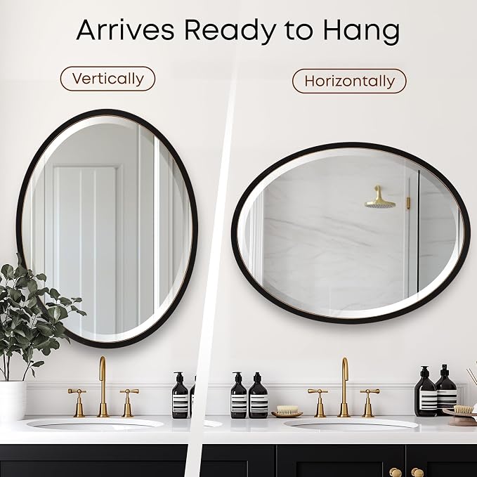 OVALCREST - Oval Wooden Beveled Wall Mirror for Home Decor, Bathroom, Vanity, Bedroom, Living Room, Hallway - London Style (Rubbed Black) 31.1 x 25.1