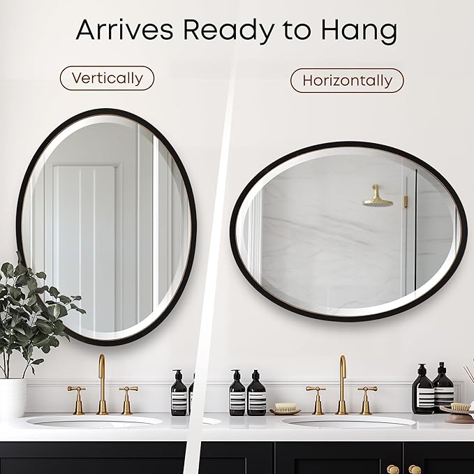 OVALCREST - Oval Wooden Beveled Wall Mirror for Home Decor, Bathroom, Vanity, Bedroom, Living Room, Hallway - London Style (Rubbed Black) 41.1 x 31.1
