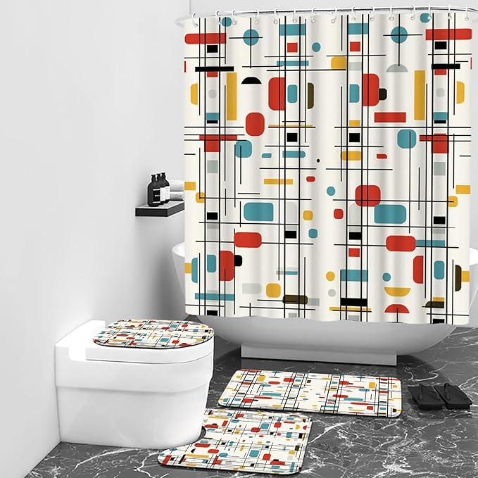 4 Pcs Retro Geometric Block Bathroom Set: Shower Curtain, Bath Mat, Toilet Lid Cover & Rug - Colorful Grid Pattern with Hooks for Mid-Century Modern Decor
