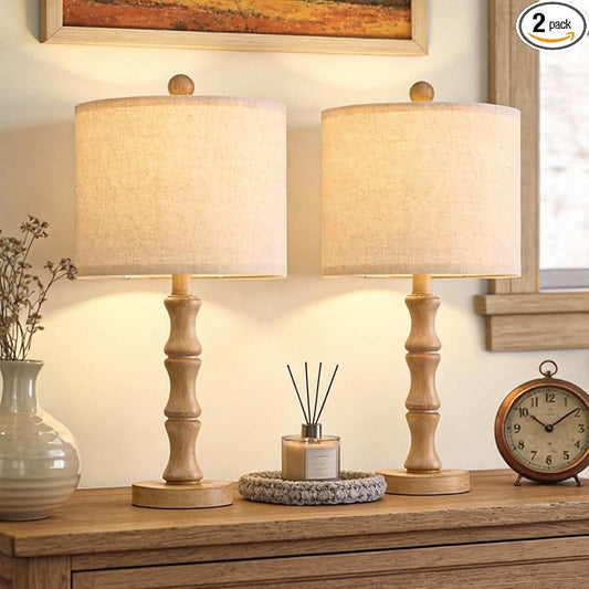 BOBOMOMO 20.5" Farmhouse Table Lamps Set of 2, Rustic Nightstand Lamps with Wood Grain Resin Base & Linen Shade, Small Bedside Lamps for Bedroom, Living Room, Apartment Side Table & Small Spaces