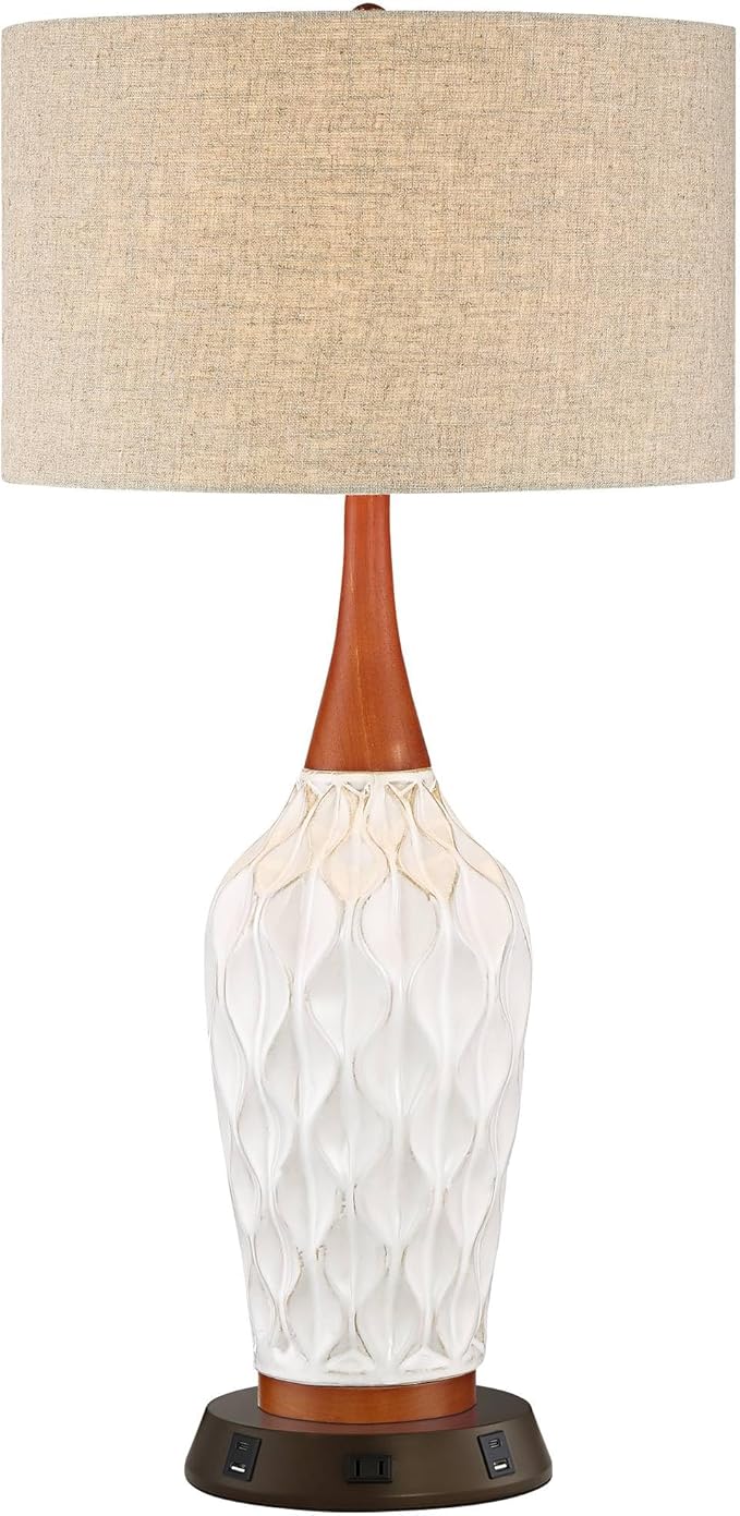 360 Lighting Rocco Mid Century Modern Table Lamp with USB and AC Power Outlet Workstation Charging Base 30" Tall White Ceramic Oak Wood Tan Fabric Drum Shade for Living Room Bedroom House