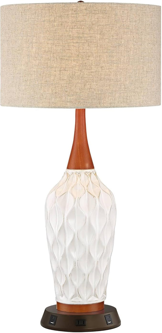 360 Lighting Rocco Mid Century Modern Table Lamp with USB and AC Power Outlet Workstation Charging Base 30" Tall White Ceramic Oak Wood Tan Fabric Drum Shade for Living Room Bedroom House