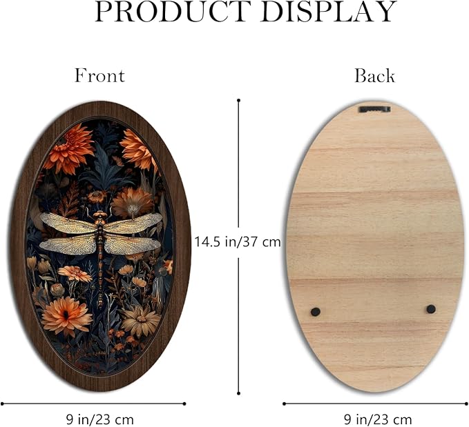 UYIKG Vintage Dragonfly Wall Art Decor,William Morris Dragonfly Floral Oval Wall Decor, Cottagecore Wooden Framed Wall Decorations for Theme Room Home Bedroom Living Room 9x14.6 in