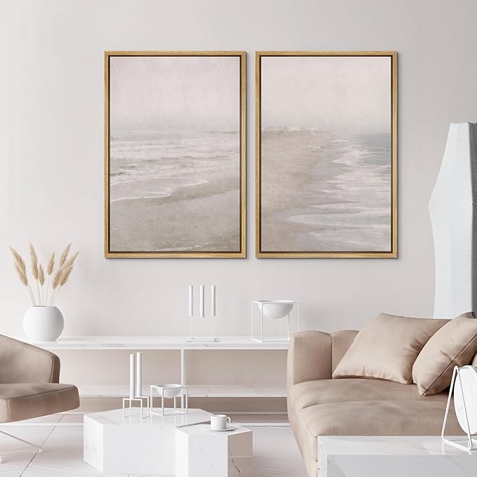 IDEA4WALL Framed Canvas Print Wall Art Set Abstract Beach Shore Ocean Wave Landscape Nature Wilderness Illustrations Modern Art Decorative Coastal Cottage Seascape for Bedroom - 16"x24"x2 Natural