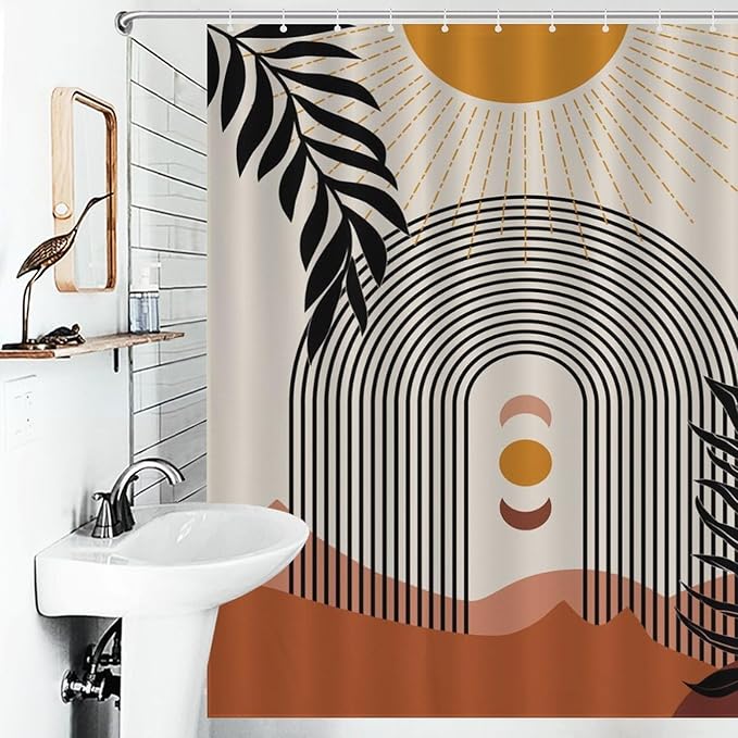 Mid Century Modern Shower Curtain, Boho Aesthetic Green Tropical Palm Leaves Moon Phase Abstract Minimalist Geometic Arch Waterproof Fabric Bathroom Shower Curtain Set with Hooks, 72"x84" Inch