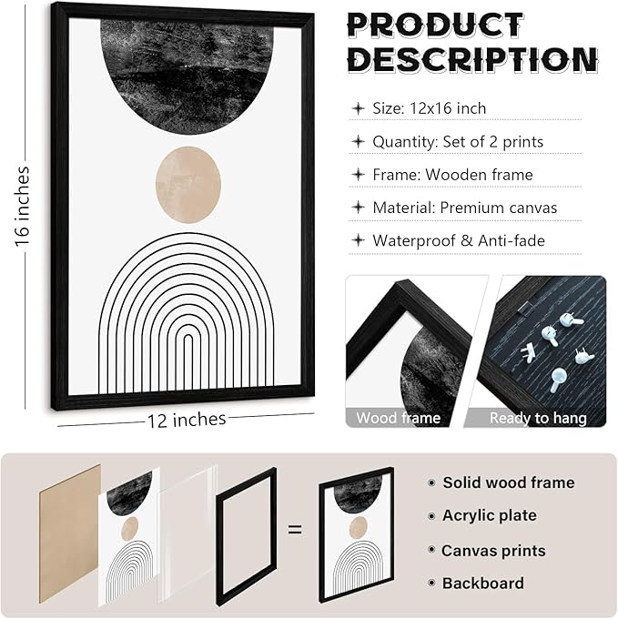 Mid Century Modern Wall Art Prints Set of 2 Neutral Abstract Geometric Wall Art Boho Canvas Prints Mid Century Eoind Wall Decor Modern Abstract Pictures Artwork for Home Room 12x16 Inch Black Framed