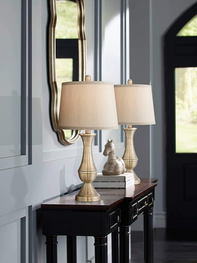 Regency Hill Becky Traditional Table Lamps 24.75" High Set of 2 Antique Brass Gold Metal Beige Tapered Drum Shade Decor for Living Room Bedroom House Bedside Nightstand Home Office Entryway