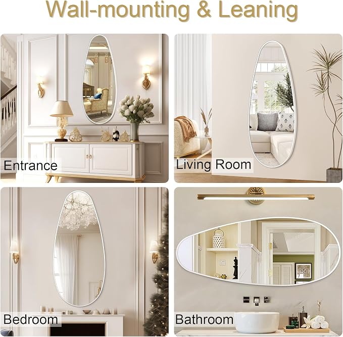 JJUUYOU Mirrors for Wall Metal Framed Decorative Irregular Large Mirrors 39" X 18" Asymmetrical for Bathroom Bedroom Living Room Dressing Room Entryway White