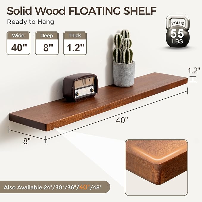 Fun Memories 40 Inch Floating Shelves, Rustic Solid Wood Wall Shelves Set of 2, 8 Inch Deep Floating Shelf for Bathroom, Bedroom, Heavy-Duty Wooden Shelf Wall-Mounted for Home Decor & Storage