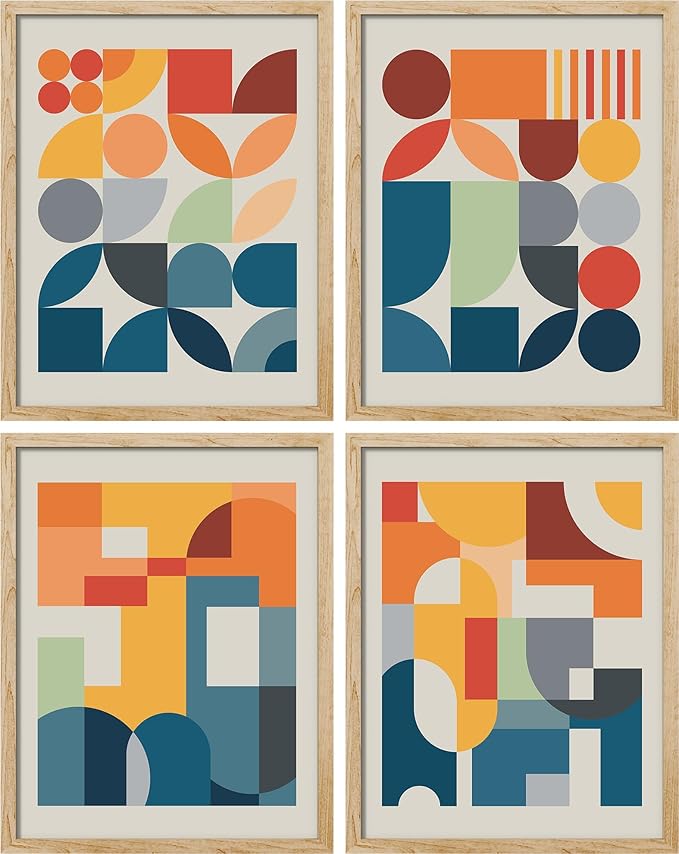 SIGNWIN Framed Mid-Century Modern Colorful Geometric Polygons Wall Art, Set of 4 Abstract Geometric Wall Decor Prints, Nature Wilderness Wall Décor for Living Room, Bedroom - 12"x16" Natural