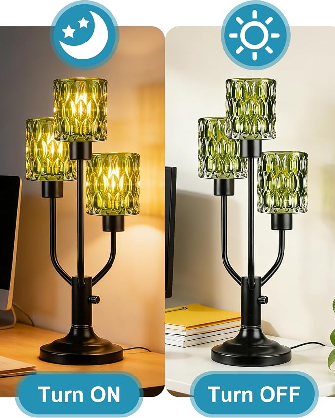 Lightdot Mid Century Modern Table Lamp for Living Room Dimmable Nightstand Lamp Black Vintage Desk Lamp Green Glass 3 Bulbs Included Warmwhite Ambient Bedside Lamp for Bedroom Home Office Decor Gift