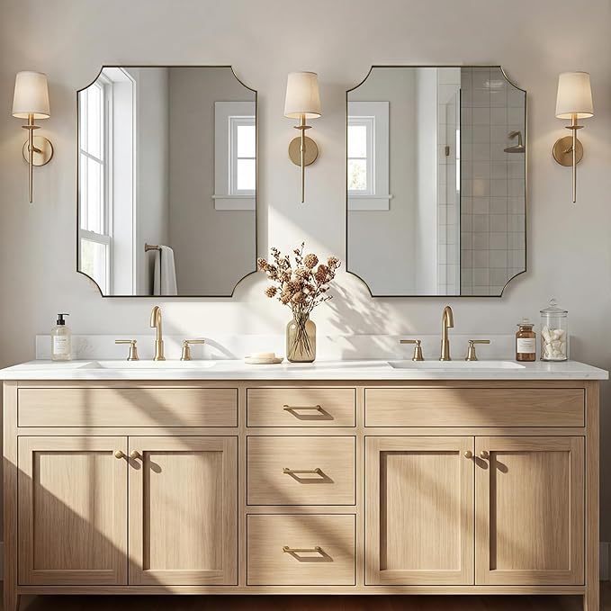 ANDY STAR Gold Vanity Mirror, 24x32 Inch Scalloped Mirror for Bathroom, Brushed Gold Mirror in Anti-Rust Stainless Steel Metal 1" Frame, Antique Scalloped Edge Design, Ideal for Home Remodel