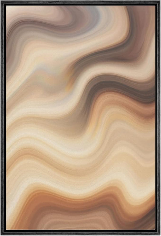 MUDECOR Framed Canvas Print Wall Art Soft Beige Marble Flow Abstract Neutral Wave Illustrations Fine Art Decorative Zen Multicolor Country/Farmhouse Retro for Bedroom - 16"x24" BLACK