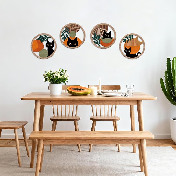 TOARTi 4PCS Minimalist Boho Black Cat Wall Art Geometric Wooden Cat Wall Decor Bohemian Black Cats Hanging Sign Abstract Boho Cats Wood Sign Farmhouse Aesthetic Geometric Artwork