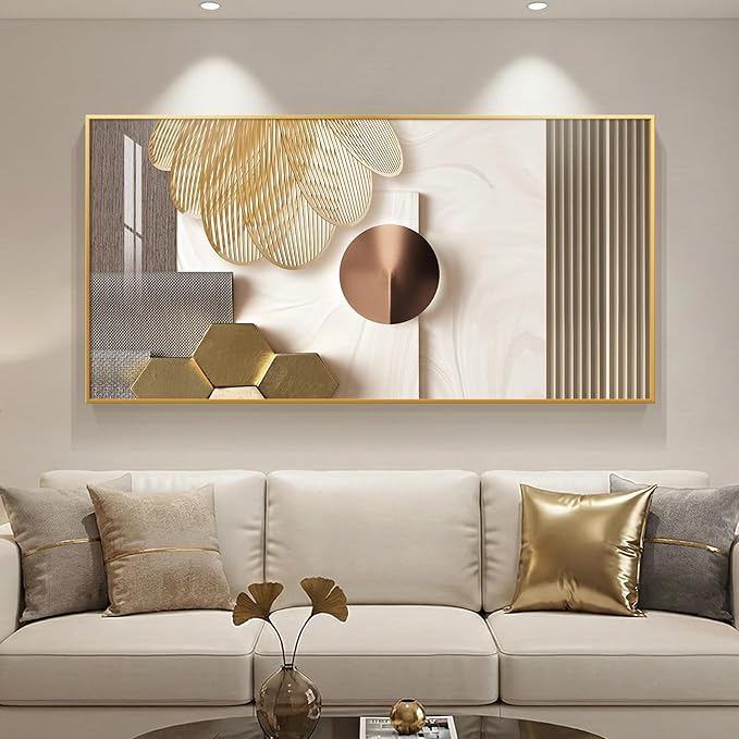 Large Framed Modern Luxury Gold Wall Art for Living Room, Horizontal Bright Style Artwork for Walls, Contemporary Geometric Picture Prints Painting Decor for Bedroom Hallway Dining Room 56x28 Inch