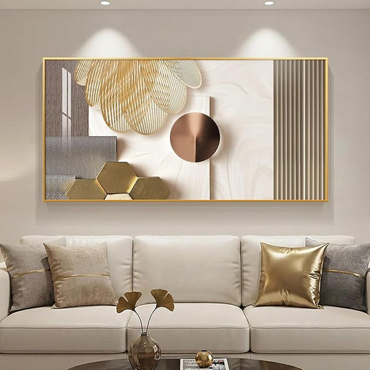 Large Framed Modern Luxury Gold Wall Art for Living Room, Horizontal Bright Style Artwork for Walls, Contemporary Geometric Picture Prints Painting Decor for Bedroom Hallway Dining Room 56x28 Inch
