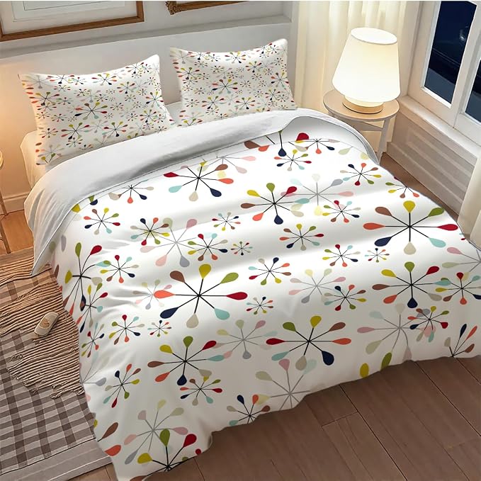 Mid Century Bedding Set,Modern Geometric Atomic Abstract Iconic Pattern 1950s 1960s Retro Style Comforter Set with Pillowcase for Bedroom Bed Decor,King 102"x90"