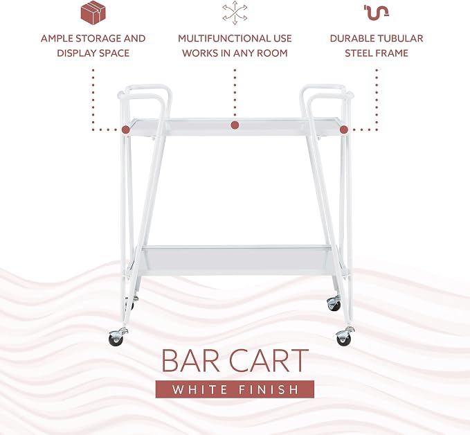 Linon Gina White Mid-Century Bar Cart with Mirrored Shelves and Locking Wheels