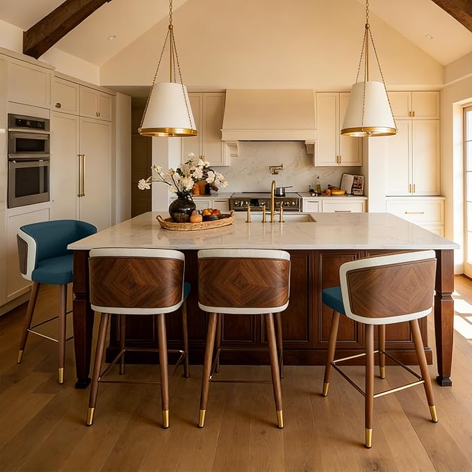 ARTPLAN Mid Century Modern Bar Stools Set of 4 for Counter Height - Leather Upholstered Seat with Walnut Wood Frame, Retro 34 Inch Bar Chairs for Home Kitchen Island, Bar, Breakfast Nook,Navy Blue
