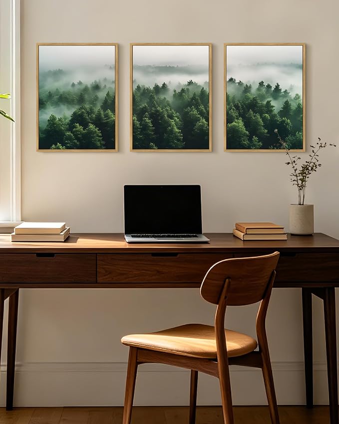 KUVIOKE Green Fog Pine Tree Framed Wall Art Nature Nordic Misty Forests Artwork Morden Painting Bedroom Decor 12x16in (Natural Framed)