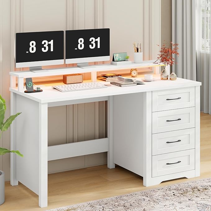 Vabches 47" Farmhouse Executive Desk with Monitor Stand and LED Lights,4 Drawers Computer Desk with Power Outlets,Large Workspace for Work Study Writing.(White)