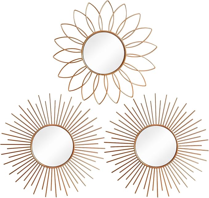 3 Pack Metal Mirrors for Wall Sunburst Wall Mirrors Home Décor Decorative Hanging Wall Art for Living Room Bedroom Entryway (Rose Gold2, Flower+Sunburst)