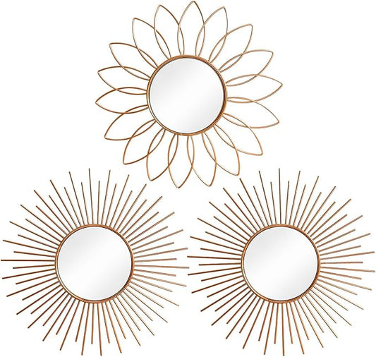 3 Pack Metal Mirrors for Wall Sunburst Wall Mirrors Home Décor Decorative Hanging Wall Art for Living Room Bedroom Entryway (Rose Gold2, Flower+Sunburst)