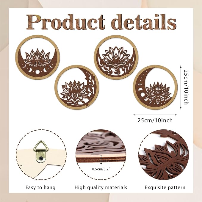 TOARTi 4PCS Buddha Brown Lotus Wooden Wall Art Vintage Mandala Lotus Wall Decor for Living Room Office Bathroom Artwork Indian Mandala Flower Hanging Plaque Abstract Mandala Wood Sign for Yoga Room