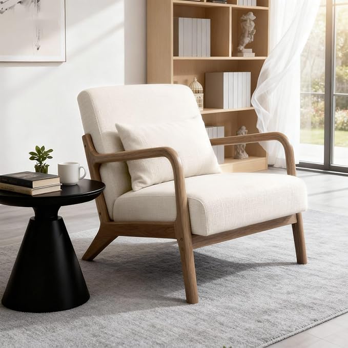 Modern Accent Chair with Wooden Frame & Linen Fabric, Mid Century Modern Chair with Lumbar Pillow, Cozy Accent Chair for Living Room, Bedroom, Reading Nook or Small Spaces